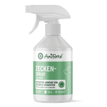 Eine grün-weiße Sprühflasche mit der Aufschrift "AniForte Zecken-Spray" zur Vorbeugung von Zecken und Parasiten.