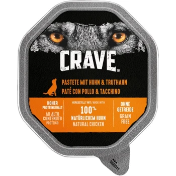 Pâté pour chien Crave avec du poulet et de la dinde, avec un graphique d'yeux de loup, riche en protéines, sans céréales, et fabriqué avec 100% de poulet naturel.