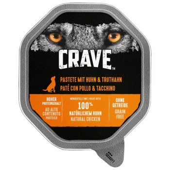 Crave hondenvoer pâté met kip en kalkoen, met een grafisch ontwerp van de ogen van een wolf, hoog eiwitgehalte, graanvrij, en gemaakt met 100% natuurlijke kip.