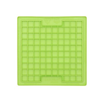 Grüne LickiMat-Fütterungsmatte für Haustiere mit einem Gittermuster, entworfen für interaktives Füttern, mit einem Hund- und Katzenlogo oben.