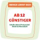 Werbegrafik von einem Online-Tiergeschäft mit der Aufschrift "AB 12 GÜNSTIGER" in fettem Rot, mit einer Nachricht über Preisvorteile im Warenkorb.