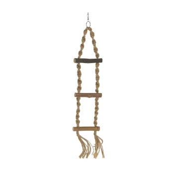 Wooden Rope Ladder 40 cm A hanging pet toy made of braided natural fibers with three wooden bars and tassels at the bottom, designed for climbing pets.