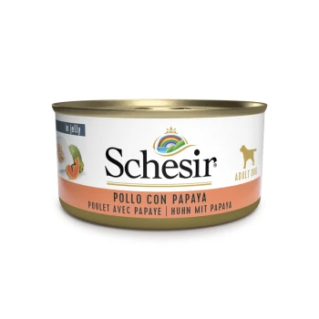 Schesir Dosenfutter für Hunde in Gelee, beschriftet mit "Pollo con Papaya," mit Bildern von Papaya und Huhn, geeignet für erwachsene Hunde.