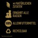 Das Bild zeigt eine Verpackung für Haustierfutter mit dem Text: "Mit natürlichen Zutaten*", "Ernährt alle Rassen", "100% Alleinfuttermittel", "Recycelbar".