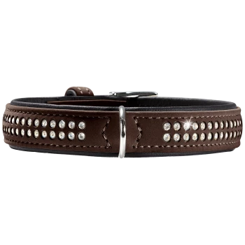 Braunes Lederhalsband mit zwei Reihen Kristallnieten, silbernem D-Ring und Schnalle.