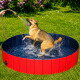 Ein glücklicher Hund spritzt in einem roten und blauen Haustierpool, während Wasser aus einem Schlauch gesprüht wird, den eine Person hält.