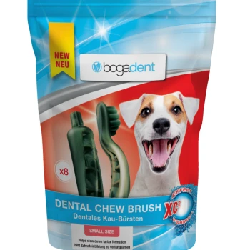 Kaubürste S Bunte Bogadent Dental Chew Brush Verpackung für Hunde, mit einem lächelnden Hund und Text, der "NEU," "KLEINE GRÖSSE" und Vorteile gegen Zahnstein hervorhebt.