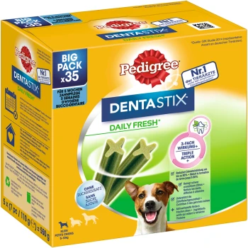 Pedigree DentaStix Daily Fresh dog treats in a big pack of 35, featuring green star-shaped chews, with claims of triple action for dental care.
