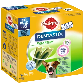 Pedigree DentaStix Daily Fresh dog treats in a big pack of 35, featuring green star-shaped chews, with claims of triple action for dental care.