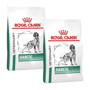 Deux sacs de nourriture pour chien Royal Canin Veterinary Diet Diabetic, présentant une silhouette de chien et le texte "VÉTÉRINAIRE" et "DIABÉTIQUE."