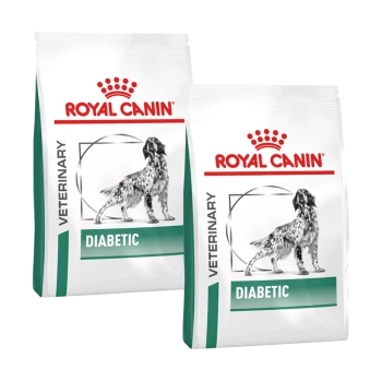 Zwei Säcke Royal Canin Veterinary Diet Diabetiker-Hundefutter, mit einer Silhouette eines Hundes und dem Text "VETERINÄR" und "DIABETISCH."