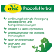 Etikett für cdVet PropolisHerbal, das Vorteile für Infektionen, Vitalität, Immunsupport und hohen Flavonoidgehalt in Pulver- und Kapsel-Form zeigt.