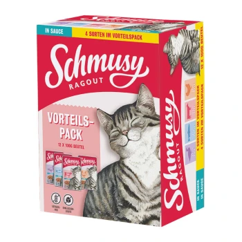 Ragout Nassfutter Katze Vorteilspack in Sauce 12x100 g Eine bunte Schachtel Schmusi Ragout Katzenfutter mit einer glücklichen getigerten Katze auf der Vorderseite, beschriftet mit "Vorteils-Pack" mit 12 x 100g Beuteln.