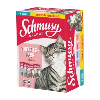 Eine bunte Schachtel Schmusi Ragout Katzenfutter mit einer glücklichen getigerten Katze auf der Vorderseite, beschriftet mit "Vorteils-Pack" mit 12 x 100g Beuteln.