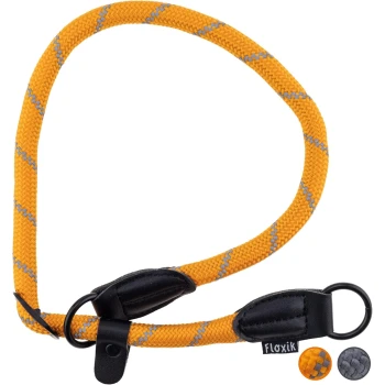 Helle orangefarbene Hundeleine mit grauen Akzenten und schwarzen Lederdetails, mit einem Metallring und einem Etikett mit der Bezeichnung "Floxik."