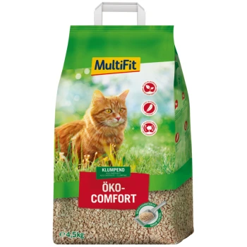 Eine Tasche mit MultiFit Öko-Comfort Katzenstreu, mit einer flauschigen orangefarbenen Katze auf einem grasigen Hintergrund, mit einem Gewichtsetikett von 4,5 kg.