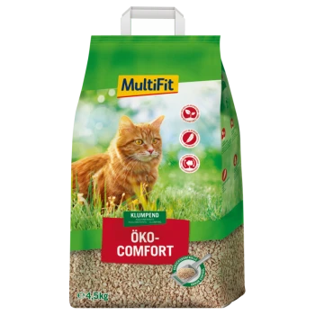 Eine Tasche mit MultiFit Öko-Comfort Katzenstreu, mit einer flauschigen orangefarbenen Katze auf einem grasigen Hintergrund, mit einem Gewichtsetikett von 4,5 kg.