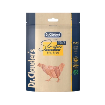 Dr. Clauder's High Premium Snack Stripes für kleine Haustiere, mit einem Etikett für 100% Hühnerzutaten und einer Hühnersilhouette auf der Verpackung.