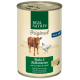Dose Real Nature Haustierfutter mit Kuh- und Hühnerdesign, beschriftet mit "Huhn & Kalbsherzen mit Kartoffeln & Leinöl", gekennzeichnet mit "Erwachsene" und "Natürlich".
