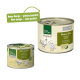 Zwei Dosen "Beef & Nature" Haustierfutter: eine größere "Senior"-Dose mit Hühnerabbildungen und eine kleinere Dose, beide mit einem neuen Design.