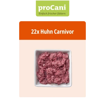 Verpacktes rohes Haustierfutter mit der Aufschrift "proCani Huhn Carnivor" in einem gelb-weißen Design, mit einem Foto eines Hundes und dem Text "22x".