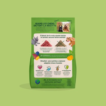 Sac de nourriture pour chiens vert portant l'inscription «QUAND LES CHIENS DICTENT LA RECETTE» avec deux photos de chiens, illustrations et icônes nutritionnelles.