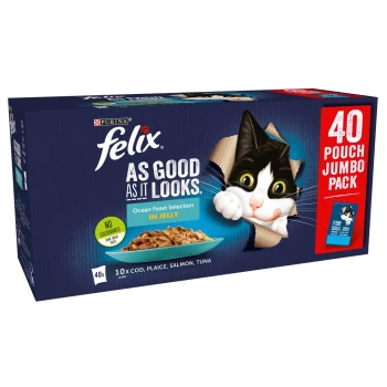 Felix cat food jumbo pack with a playful black and white cat peeking through a hole, labeled "40 POUCH JUMBO PACK" and "Ocean Feast."