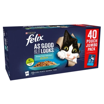 Felix cat food jumbo pack with a playful black and white cat peeking through a hole, labeled "40 POUCH JUMBO PACK" and "Ocean Feast."