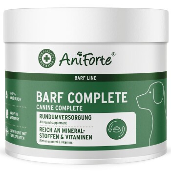 Weißer Becher mit grünem Etikett: AniForte BARF COMPLETE Nahrungsergänzung für Hunde — 'Canine Complete', 'Rundumversorgung'.