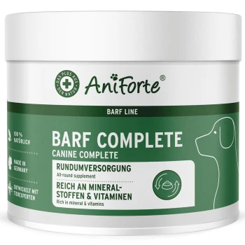 Weißer Becher mit grünem Etikett: AniForte BARF COMPLETE Nahrungsergänzung für Hunde — 'Canine Complete', 'Rundumversorgung'.