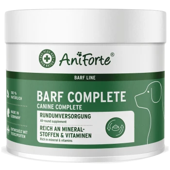 Weißer Becher mit grünem Etikett: AniForte BARF COMPLETE Nahrungsergänzung für Hunde — 'Canine Complete', 'Rundumversorgung'.