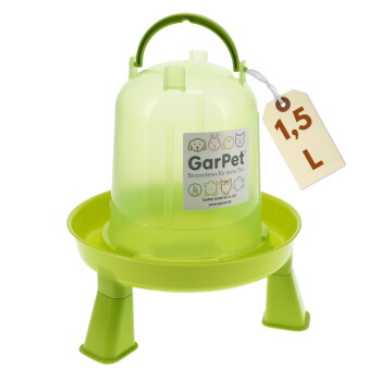 Limonengrüner GarPet 1,5 L erhöhter Wasserspender für Haustiere mit Griff, drei Beinen und 'GarPet'-Etikett.