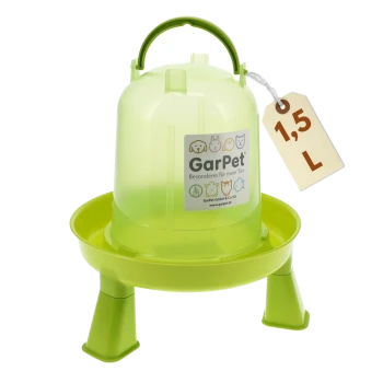 Limonengrüner GarPet 1,5 L erhöhter Wasserspender für Haustiere mit Griff, drei Beinen und 'GarPet'-Etikett.