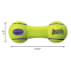 Hantelförmiges, neongelbes Tennisball-Hundespielzeug mit lila Besatz, 'KONG AirDog' und 'SQUEAKER'-Logos; 9,25\"×3,5\".