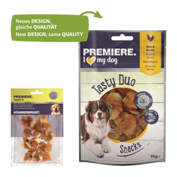 Zwei Hundesnack-Pakete: ein gelbes "Snack It" mit Huhn und Banane, und ein größeres "Tasty Duo" mit einem Hund und "Ich liebe meinen Hund."