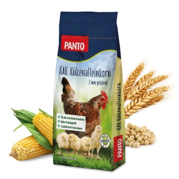 PANTO KAK Kükenalleinkorn Hühnerfutterbeutel mit einer Henne und Küken auf Gras; hebt Protein, Aminosäuren und deutsche Herstellung hervor.