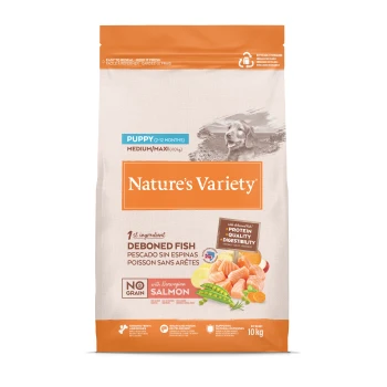 Sac de nourriture Nature's Variety pour chiots de races moyennes/maxi, poisson désossé avec saumon norvégien, sans céréales, 10 kg.