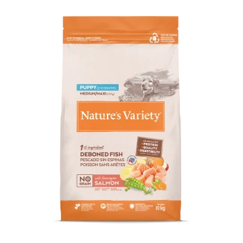 Sac de nourriture Nature's Variety pour chiots de races moyennes/maxi, poisson désossé avec saumon norvégien, sans céréales, 10 kg.