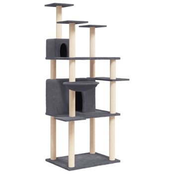 Grauer mehrstöckiger Katzenbaum mit Holzpfosten, ausgestattet mit einem gemütlichen Versteck, mehreren Plattformen und einer schalenförmigen Sitzgelegenheit.