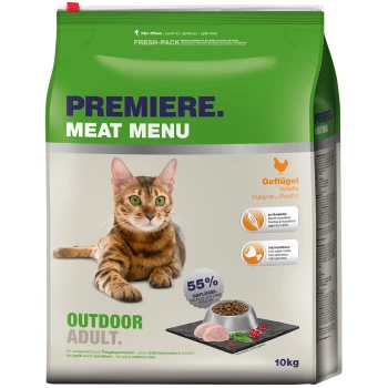 Eine Katzenfuttertüte mit der Aufschrift "Premiere Meat Menu", die eine Bengal-Katze zeigt, mit wichtigen Details über den Geflügelgehalt und die Nährstoffvorteile.