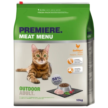 Cat food bag labeled "Premiere Meat Menu" featuring a Bengal cat, with key details about poultry content and nutritional benefits.