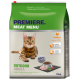 Eine Katzenfuttertüte mit der Aufschrift "Premiere Meat Menu", die eine Bengal-Katze zeigt, mit wichtigen Details über den Geflügelgehalt und die Nährstoffvorteile.