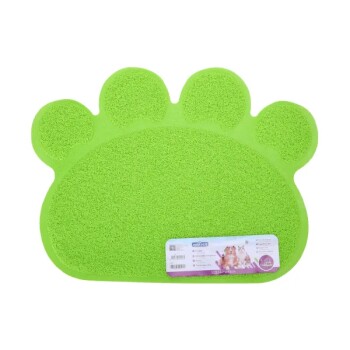 Grüne, pfotenförmige Haustiermatte mit strukturierter Oberfläche, mit einem Etikett, das Bilder von kleinen Haustieren und Produktdetails zeigt.