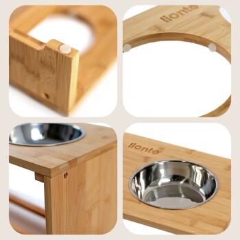 Bambus-Haustierfütterungsstation mit einer Edelstahlschüssel, mit dem Markennamen 'lionto' in das Holz eingraviert.
