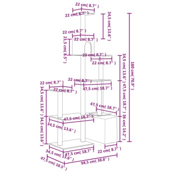 Diagramm eines mehrstöckigen Katzenbaums mit Abmessungen in Zentimetern und Zoll, das verschiedene Plattformen und einen Tunnel zeigt.