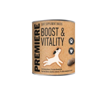 PREMIERE Boost & Vitality zachte supplementensnacks voor honden, met een hondenillustratie en brokjes op het etiket.