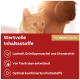 Personne tenant un chat orange au-dessus d'une bannière rouge affichant 'Valuable ingredients' (en allemand), énumérant huile de saumon, moule à lèvres vertes