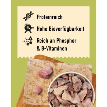 DIBO Kaninchen Tierfutter, mit sechs 1000g Paketen Kaninchenfleisch für Hunde und Katzen, mit einem grünen und weißen Design.