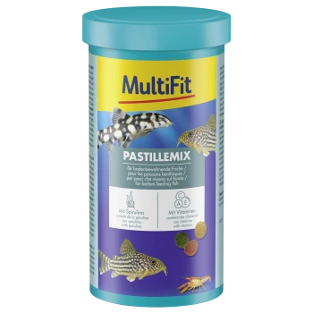 MultiFit Pastillemix visvoer voor bodembewonende vissen met spirulina en vitamines, met afbeeldingen van vissen en garnalen op het etiket.