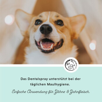 Hund, der neben einem Produktetikett für "ORAL Vital Zahnpflege Spray" lächelt, einem Zahnpflegespray für Hunde, 200 ml.